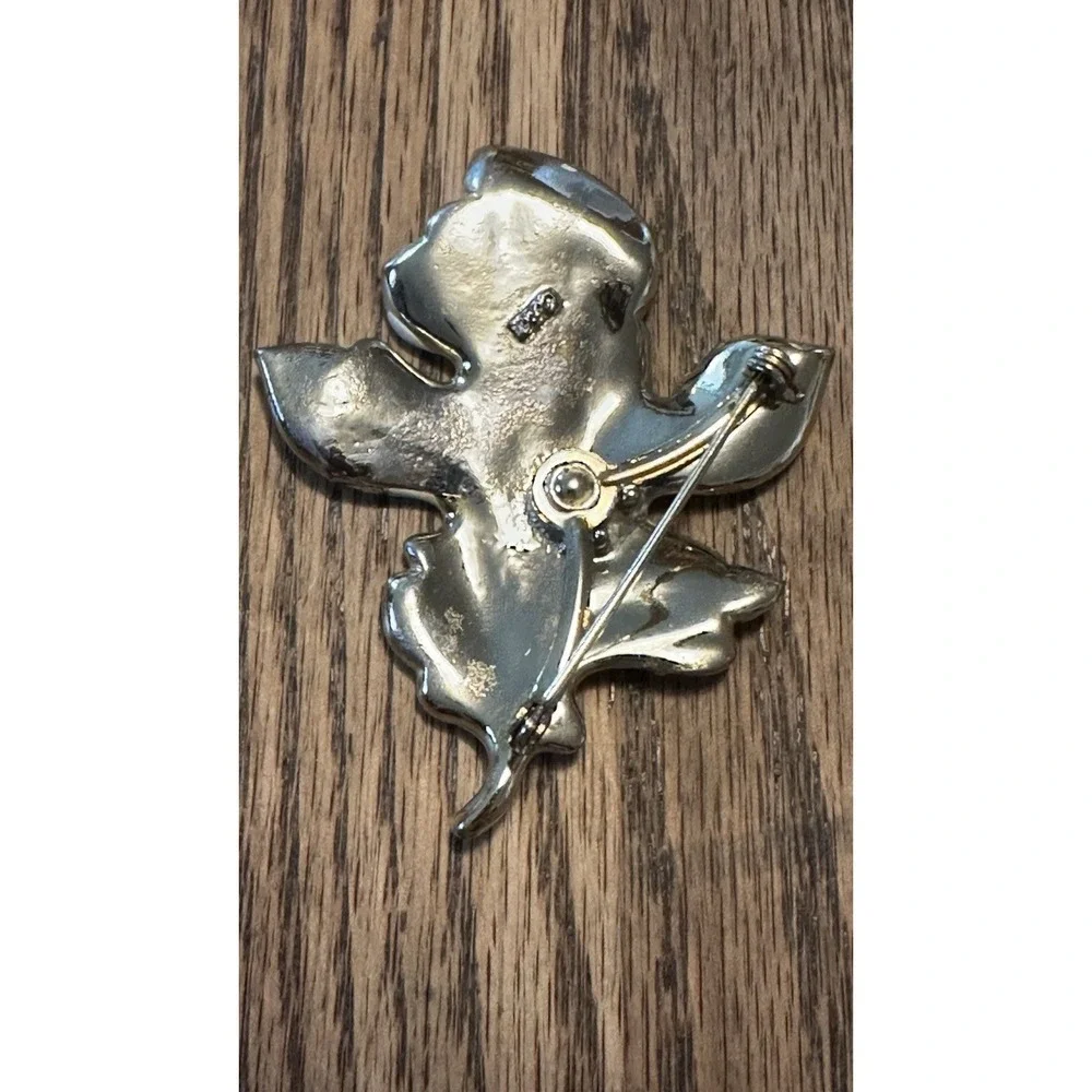 Vintage CORO Cream Enamel Oak Leaf Brooch Pin Gold Tone Rhinestone Mid Century